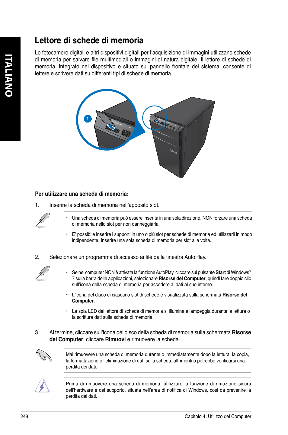 Lettore di schede di memoria, It aliano it aliano it aliano it aliano | Asus CM6340 User Manual | Page 250 / 562