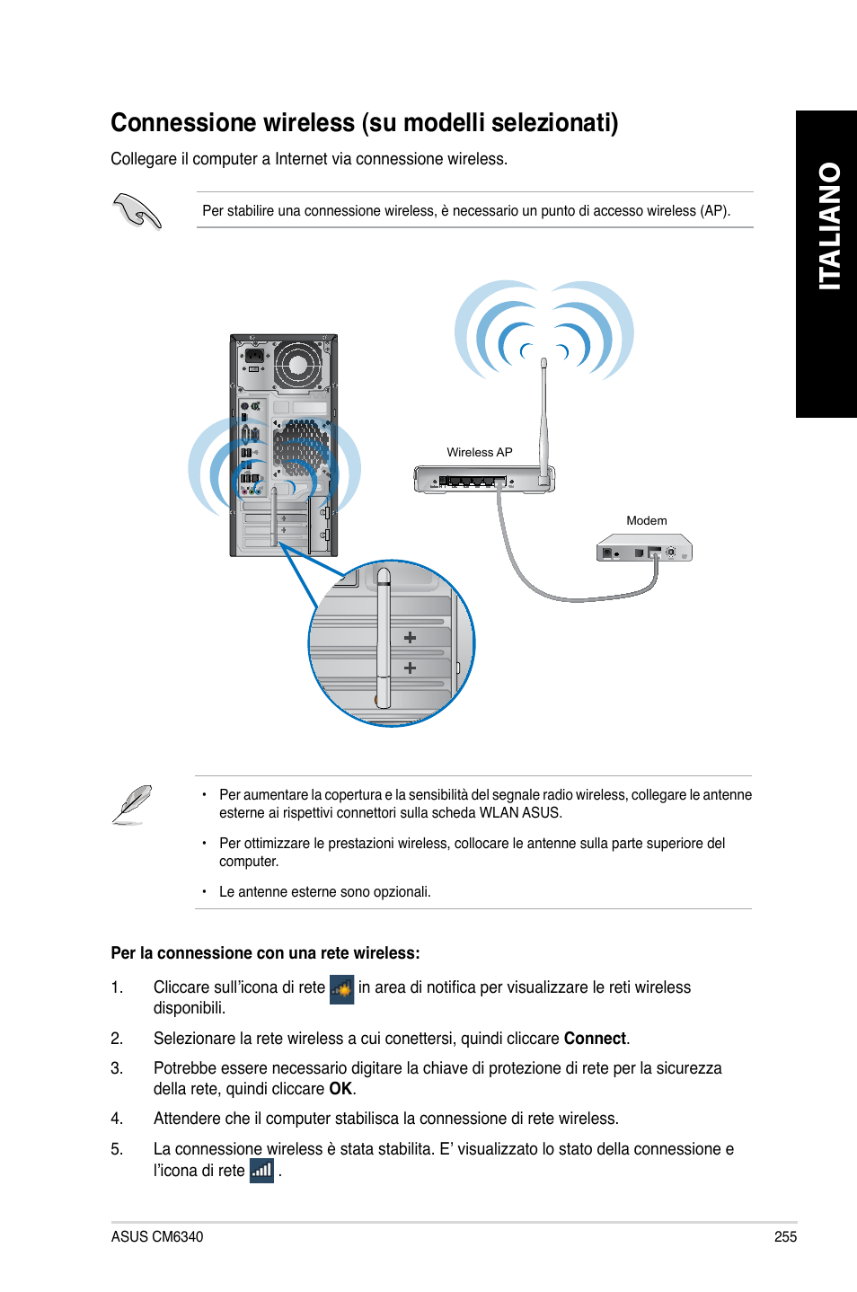 Connessione wireless (su modelli selezionati), It aliano it aliano, Connessione.wireless.(su.modelli.selezionati) | Asus CM6340 User Manual | Page 257 / 562