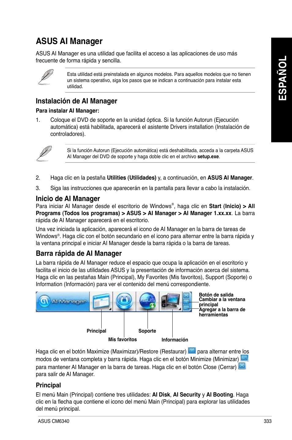 Asus ai manager, Es pa ño l es pa ño l | Asus CM6340 User Manual | Page 335 / 562