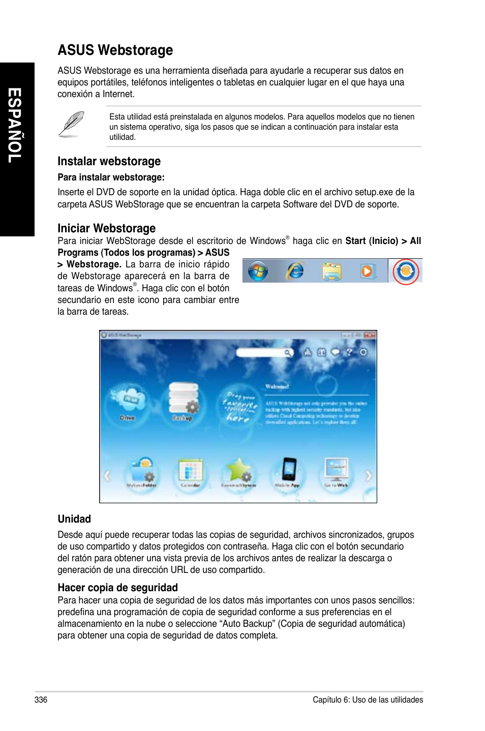 Asus webstorage, Es pa ño l es pa ño l es pa ño l es pa ño l | Asus CM6340 User Manual | Page 338 / 562