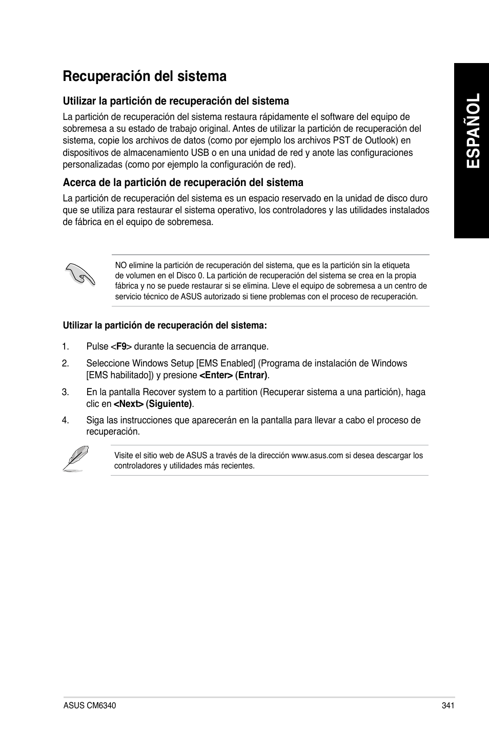 Recuperación del sistema, Es pa ño l es pa ño l | Asus CM6340 User Manual | Page 343 / 562