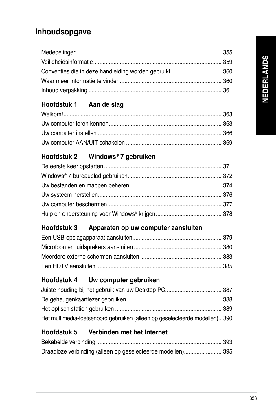 Inhoudsopgave, Nederlands | Asus CM6340 User Manual | Page 355 / 562