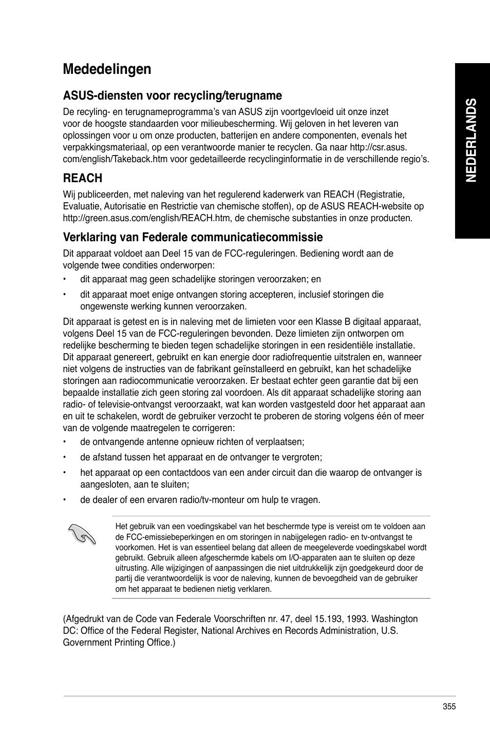 Mededelingen, Nederlands, Asus-diensten voor recycling/terugname | Reach, Verklaring van federale communicatiecommissie | Asus CM6340 User Manual | Page 357 / 562