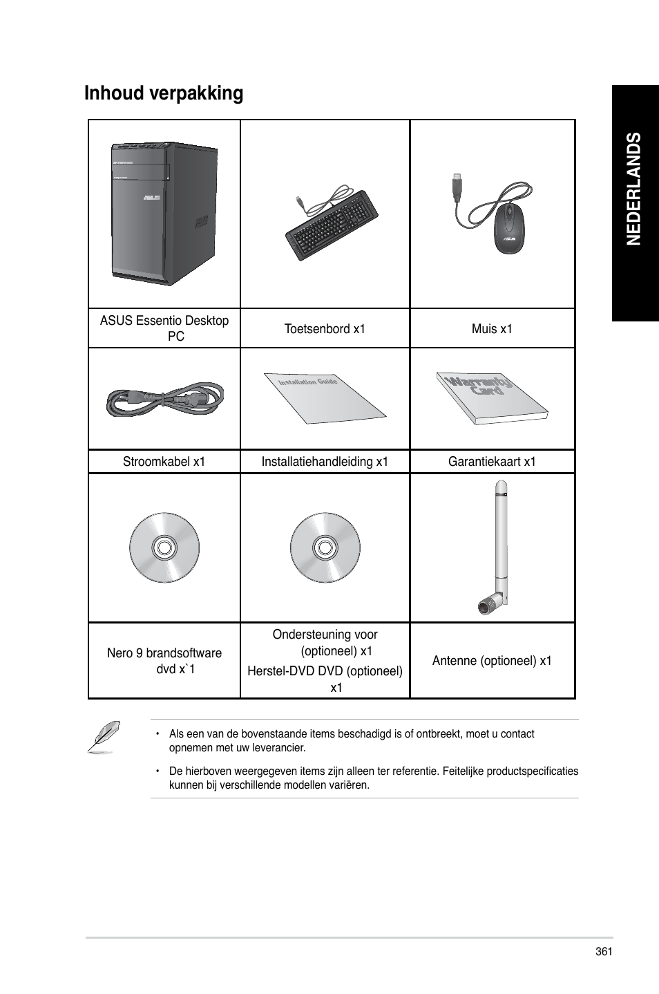 Inhoud verpakking, Nederlands | Asus CM6340 User Manual | Page 363 / 562