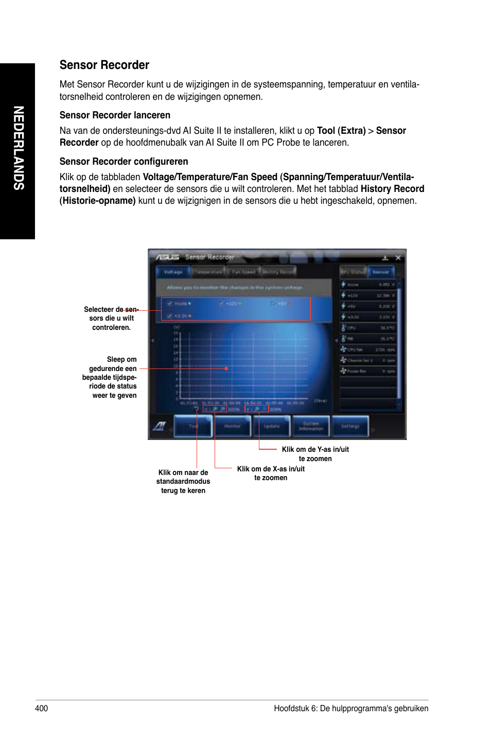 Nederlands, Sensor recorder | Asus CM6340 User Manual | Page 402 / 562