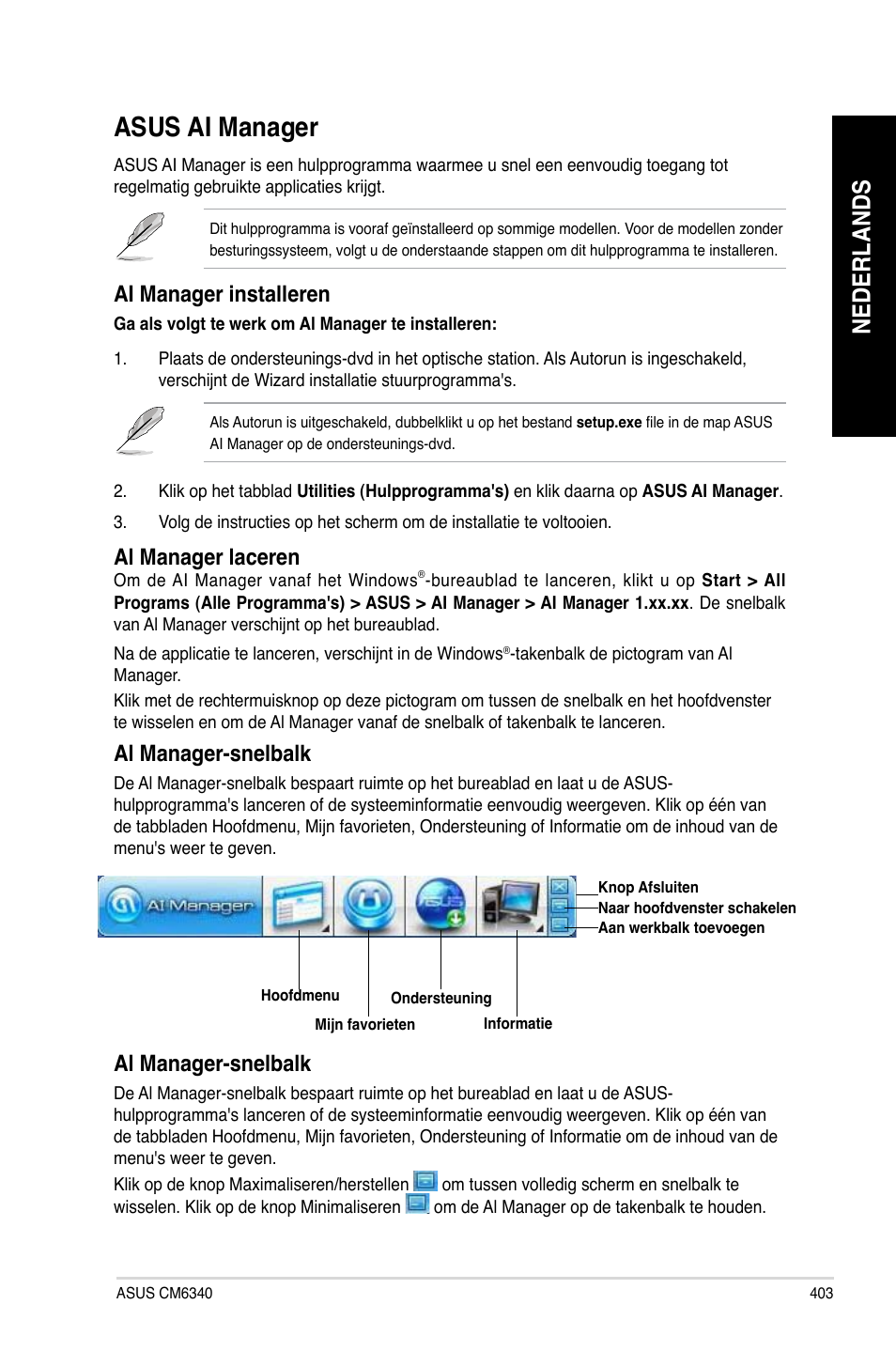 Asus ai manager, Nederlands, Al manager-snelbalk | Ai manager installeren, Al manager laceren | Asus CM6340 User Manual | Page 405 / 562