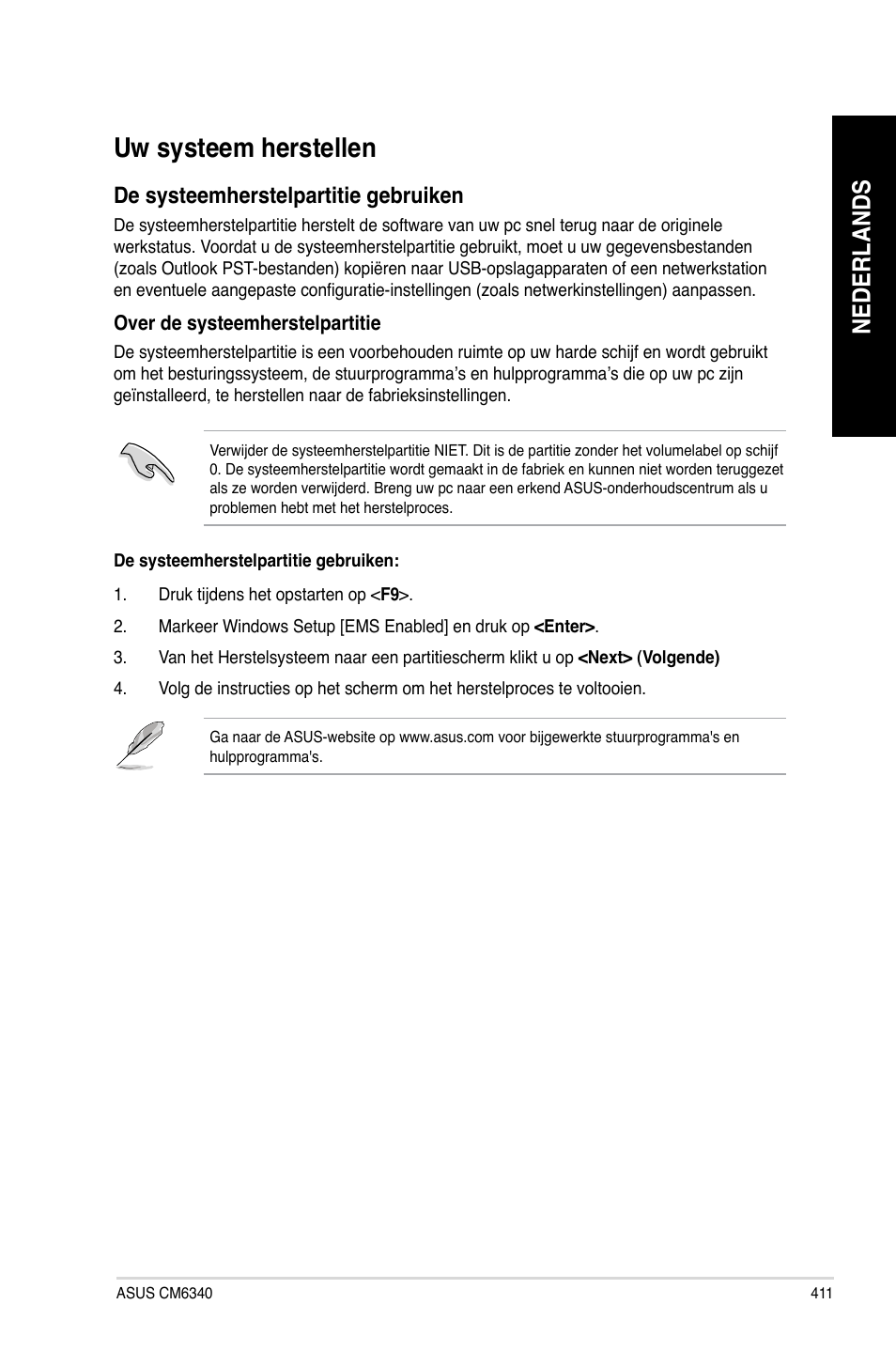 Uw systeem herstellen, Nederlands, De systeemherstelpartitie gebruiken | Asus CM6340 User Manual | Page 413 / 562