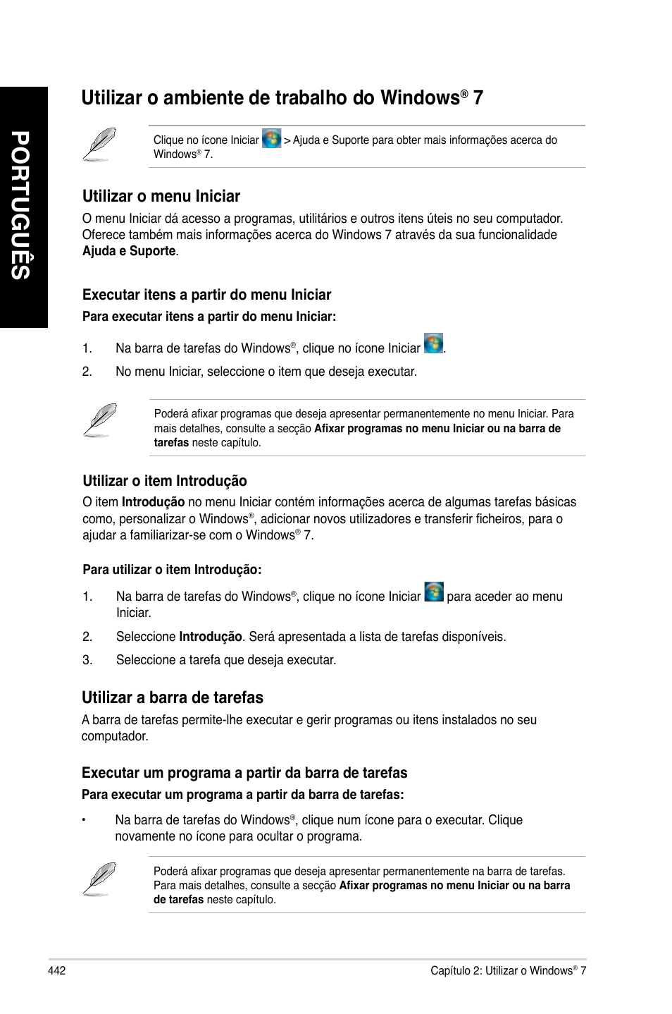 Utilizar o ambiente de trabalho do windows® 7, Utilizar o ambiente de trabalho do windows, Português | Utili�ar o ambiente de trabalho do windows, Utili�ar o menu iniciar, Utili�ar a barra de tarefas | Asus CM6340 User Manual | Page 444 / 562