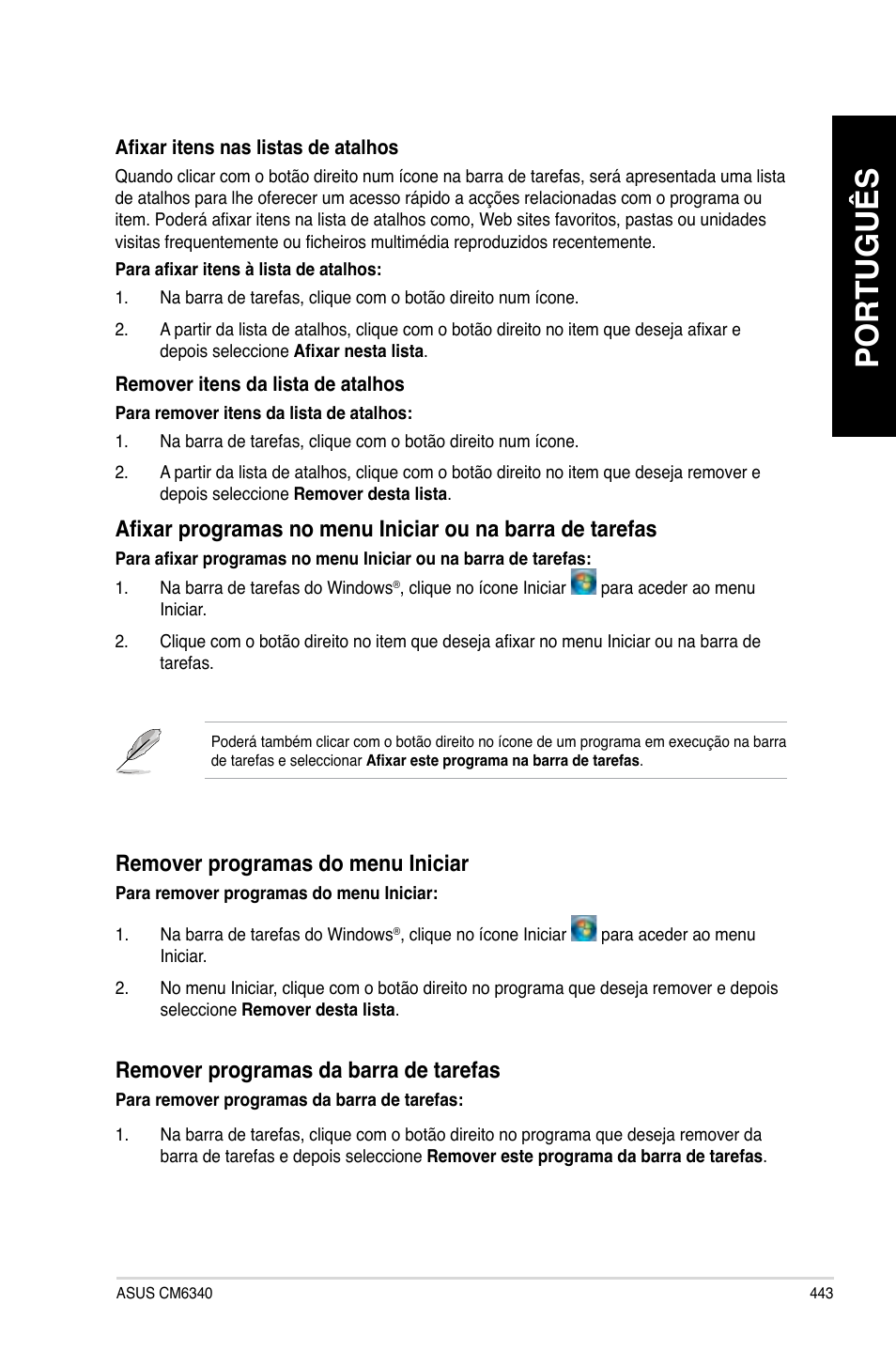 Português, Remover programas do menu iniciar, Remover programas da barra de tarefas | Asus CM6340 User Manual | Page 445 / 562