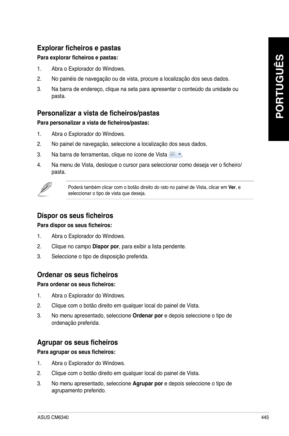 Português, Explorar ficheiros e pastas, Personalizar a vista de ficheiros/pastas | Dispor os seus ficheiros, Ordenar os seus ficheiros, Agrupar os seus ficheiros | Asus CM6340 User Manual | Page 447 / 562