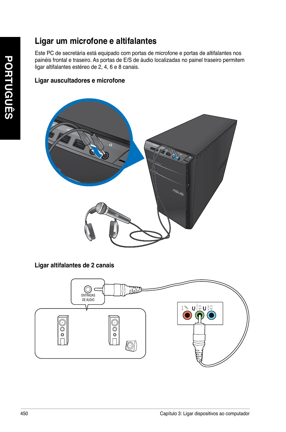 Ligar um microfone e altifalantes, Português | Asus CM6340 User Manual | Page 452 / 562