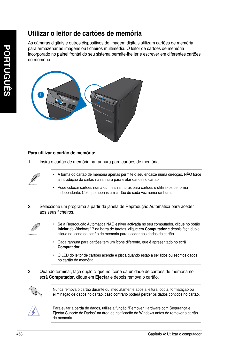 Utilizar o leitor de cartões de memória, Português, Utili�ar o leitor de cartões de memória | Asus CM6340 User Manual | Page 460 / 562