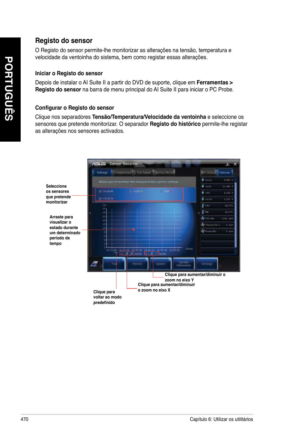 Português, Registo do sensor | Asus CM6340 User Manual | Page 472 / 562