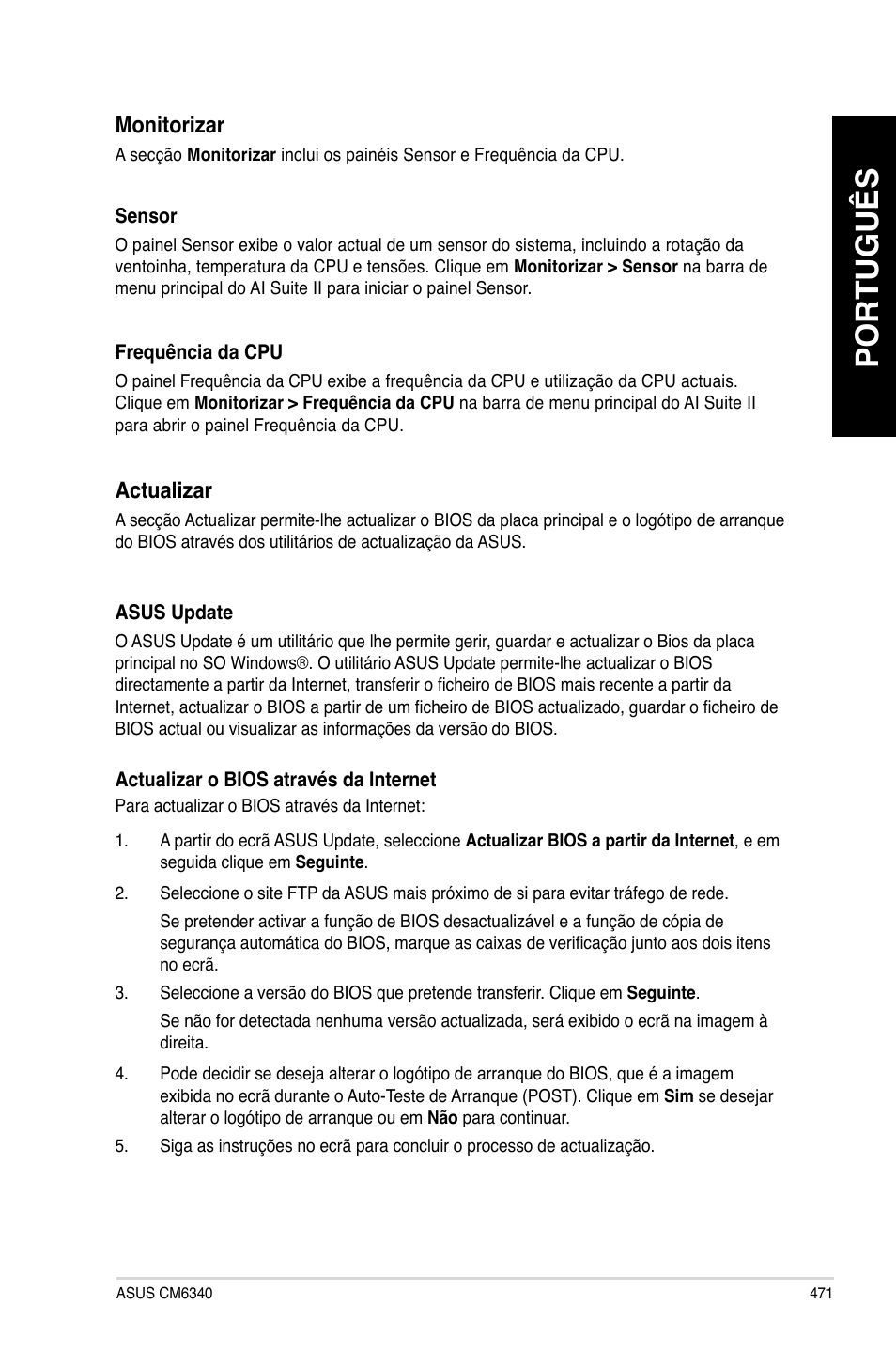 Português, Monitori�ar, Actuali�ar | Asus CM6340 User Manual | Page 473 / 562