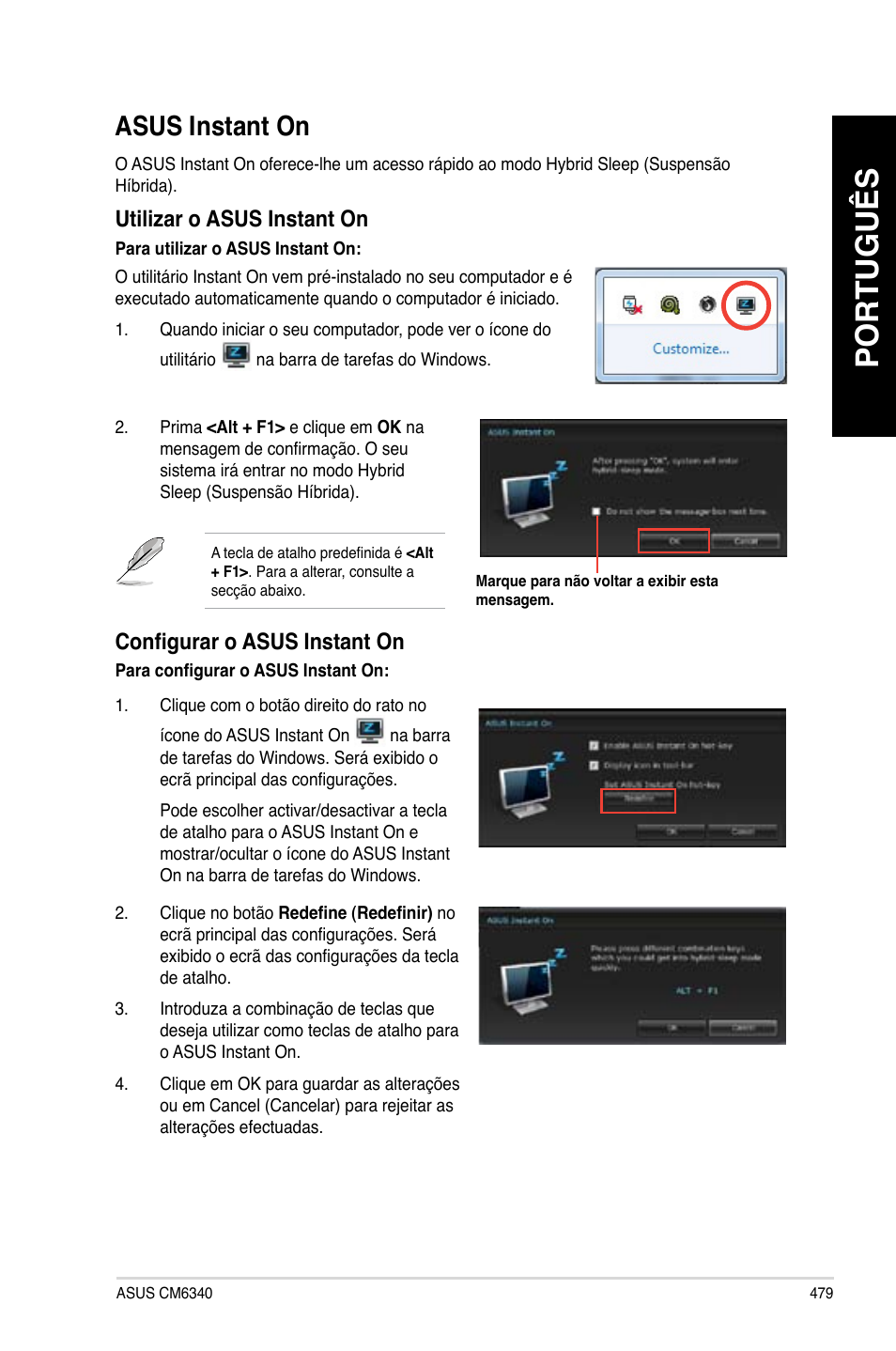 Asus instant on, Português, Utili�ar o asus instant on | Configurar o asus instant on | Asus CM6340 User Manual | Page 481 / 562