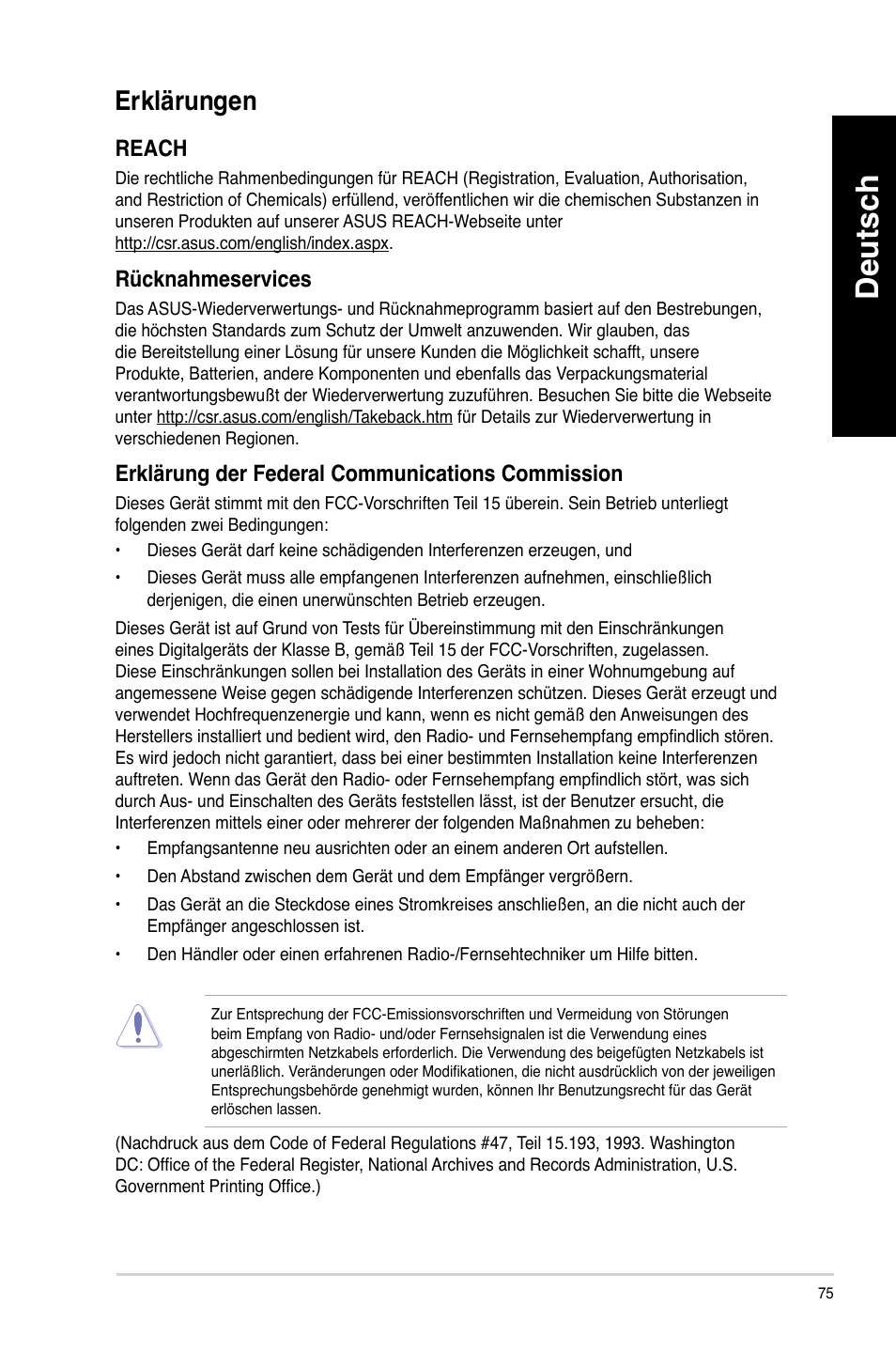 Erklärungen, Deutsch, Reach | Rücknahmeservices | Asus CM6340 User Manual | Page 77 / 562