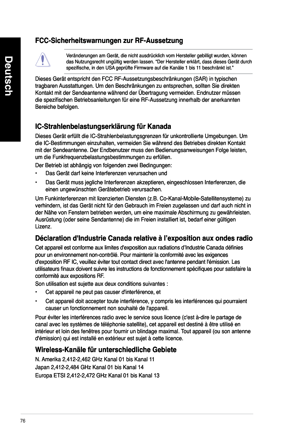 Deutsch, Fcc-sicherheitswarnungen.zur.rf-aussetzung, Ic-strahlenbelastungserklärung.für.kanada | Wireless-kanäle.für.unterschiedliche.gebiete | Asus CM6340 User Manual | Page 78 / 562