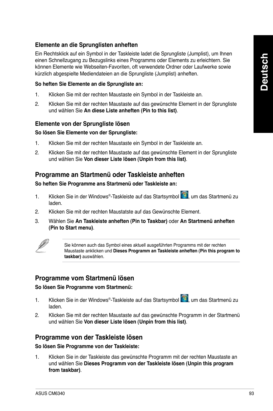 Deutsch, Programme.an.startmenü.oder.taskleiste.anheften, Programme.vom.startmenü.lösen | Programme.von.der.taskleiste.lösen | Asus CM6340 User Manual | Page 95 / 562