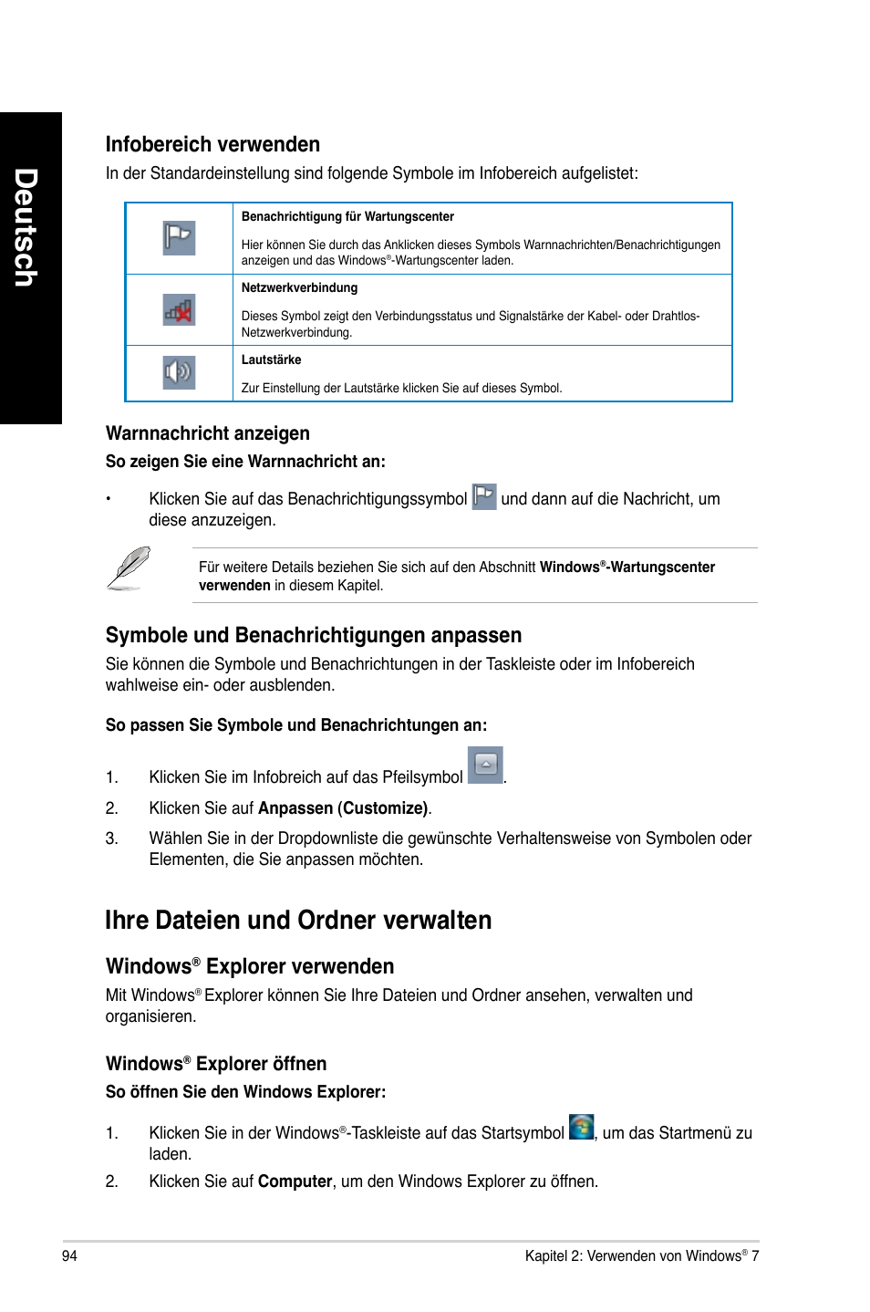 Ihre dateien und ordner verwalten, Deutsch, Ihre.dateien.und.ordner.verwalten | Infobereich.verwenden, Symbole.und.benachrichtigungen.anpassen, Windows, Explorer.verwenden | Asus CM6340 User Manual | Page 96 / 562