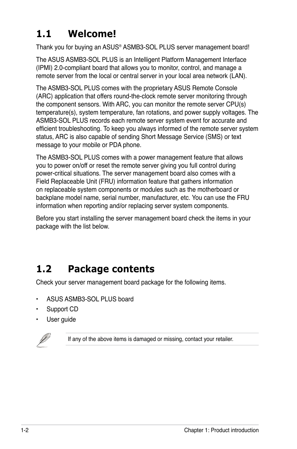 1 welcome, 2 package contents, Welcome! -2 | Package contents -2 | Asus ASMB3-SOL PLUS User Manual | Page 12 / 70