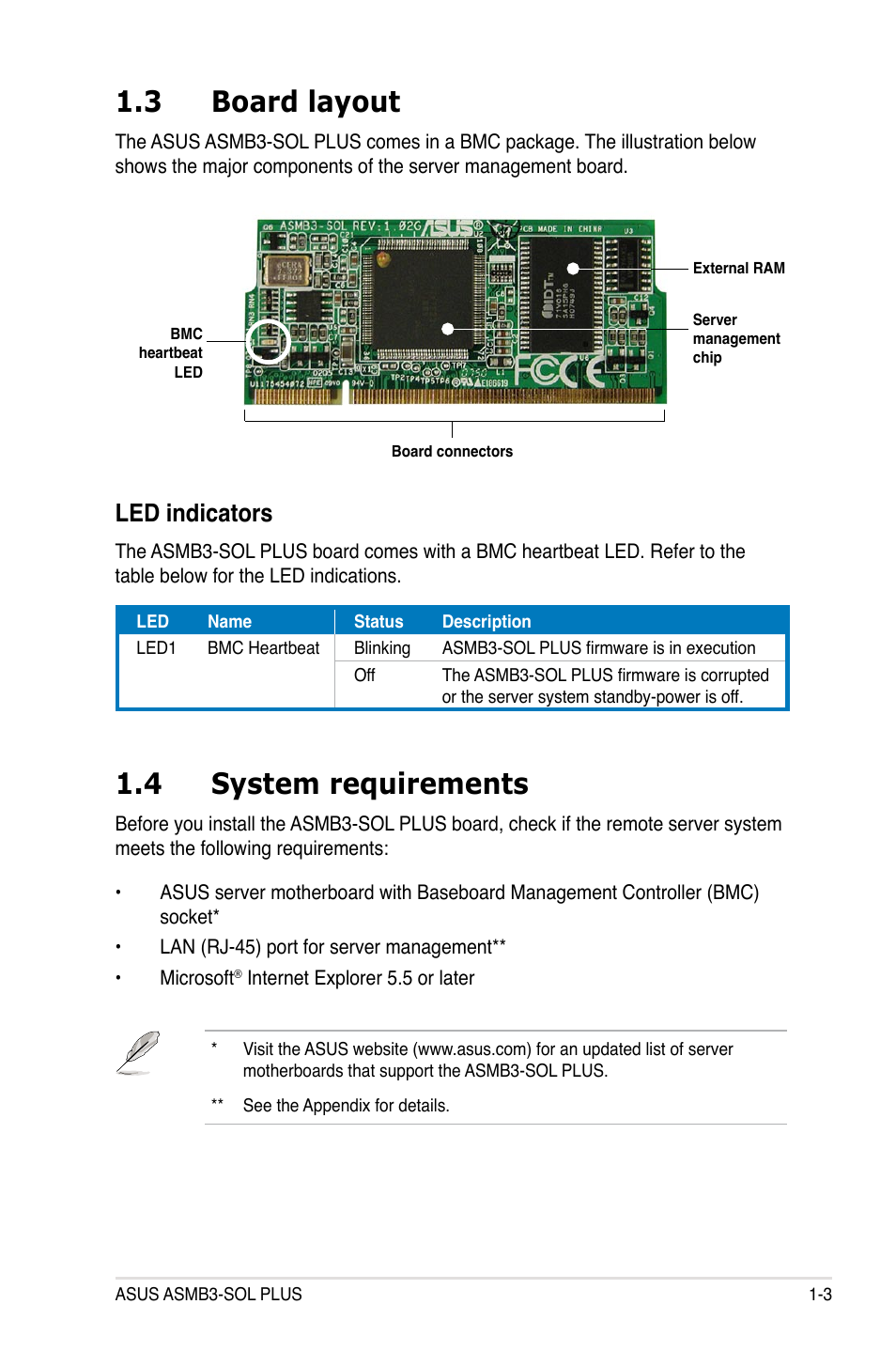 3 board layout, 4 system requirements, Board layout -3 | System requirements -3, Led indicators | Asus ASMB3-SOL PLUS User Manual | Page 13 / 70