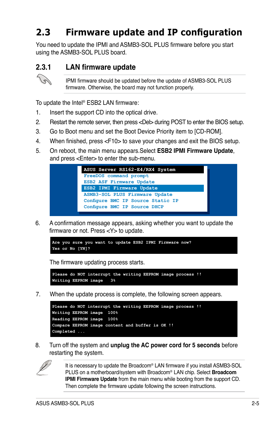 3 firmware update and ip configuration, 1 lan firmware update, Firmware update and ip configuration -5 2.3.1 | Lan firmware update -5 | Asus ASMB3-SOL PLUS User Manual | Page 19 / 70