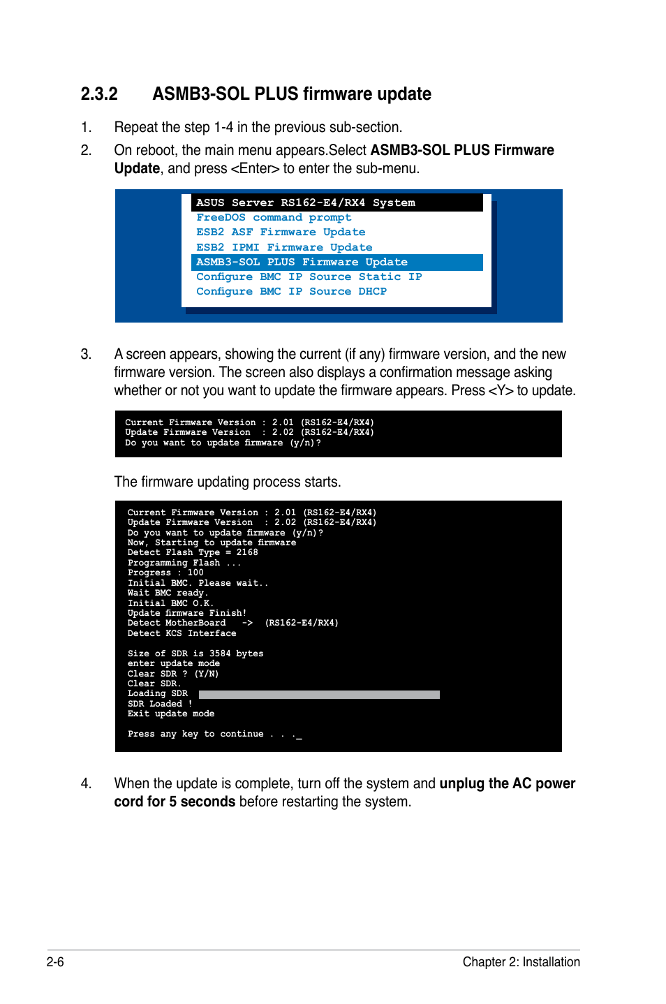 2 asmb3-sol plus firmware update, Asmb3-sol plus firmware update -6, The firmware updating process starts | Asus ASMB3-SOL PLUS User Manual | Page 20 / 70