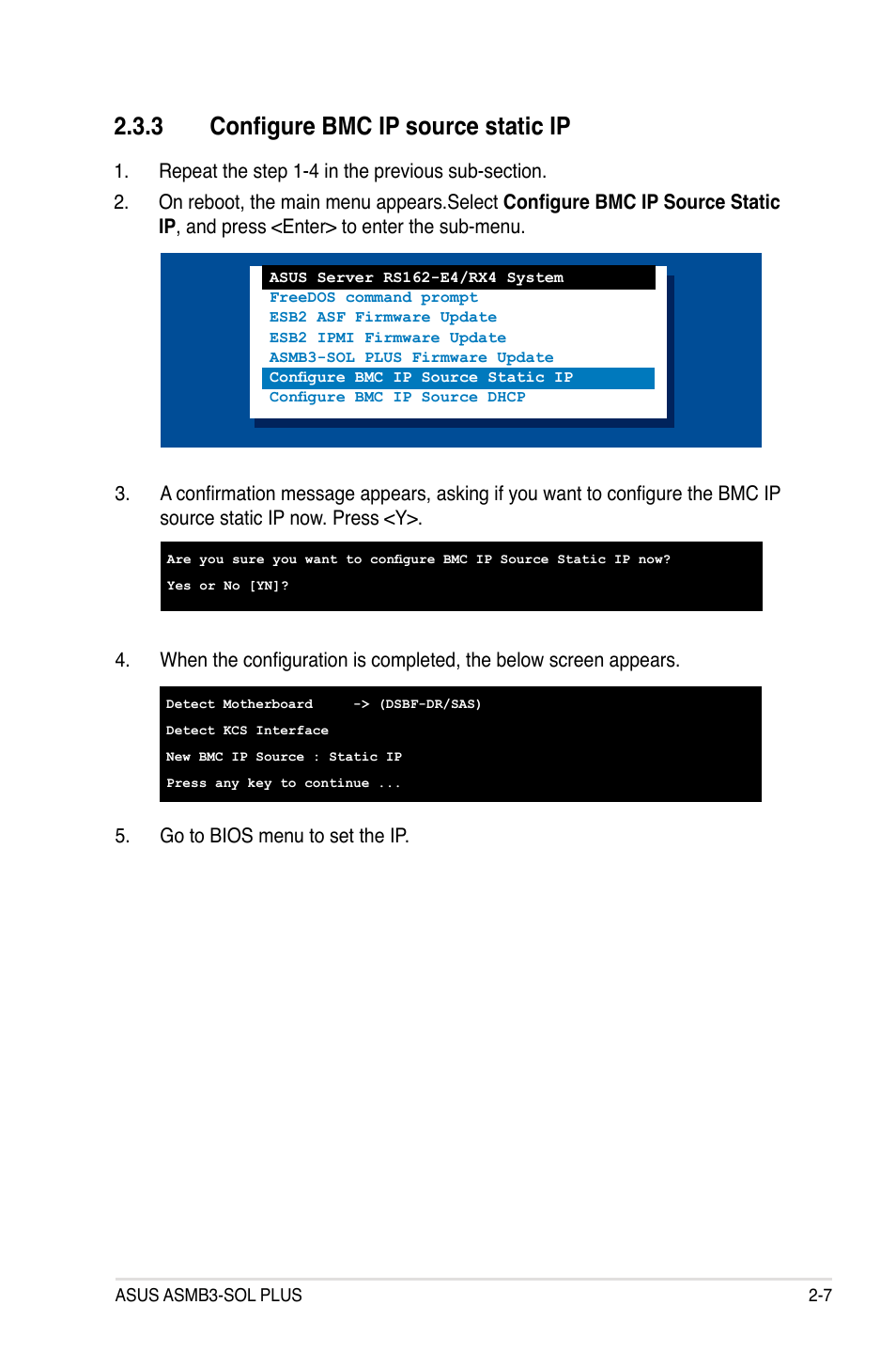 3 configure bmc ip source static ip, Configure bmc ip source static ip -7 | Asus ASMB3-SOL PLUS User Manual | Page 21 / 70