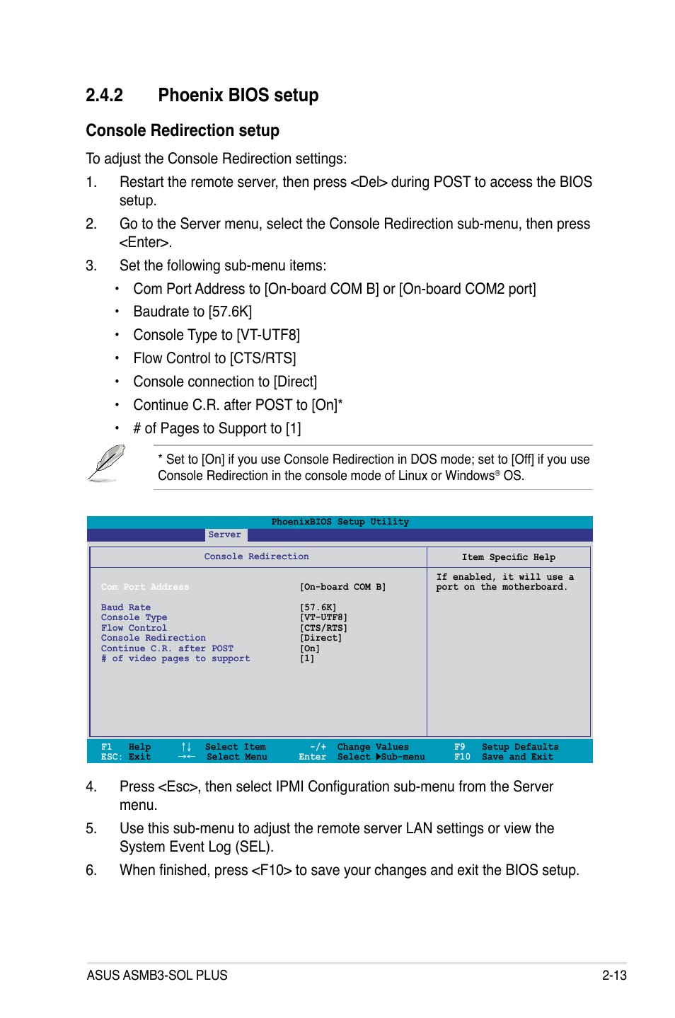 2 phoenix bios setup, Phoenix bios setup -13, Console redirection setup | Asus ASMB3-SOL PLUS User Manual | Page 27 / 70