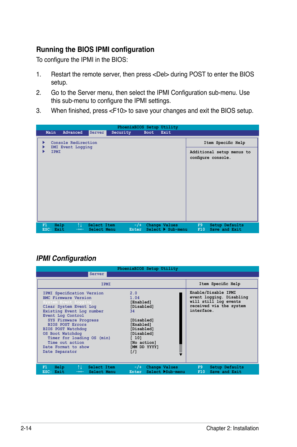 Running the bios ipmi configuration, Ipmi configuration, 14 chapter 2: installation | Asus ASMB3-SOL PLUS User Manual | Page 28 / 70