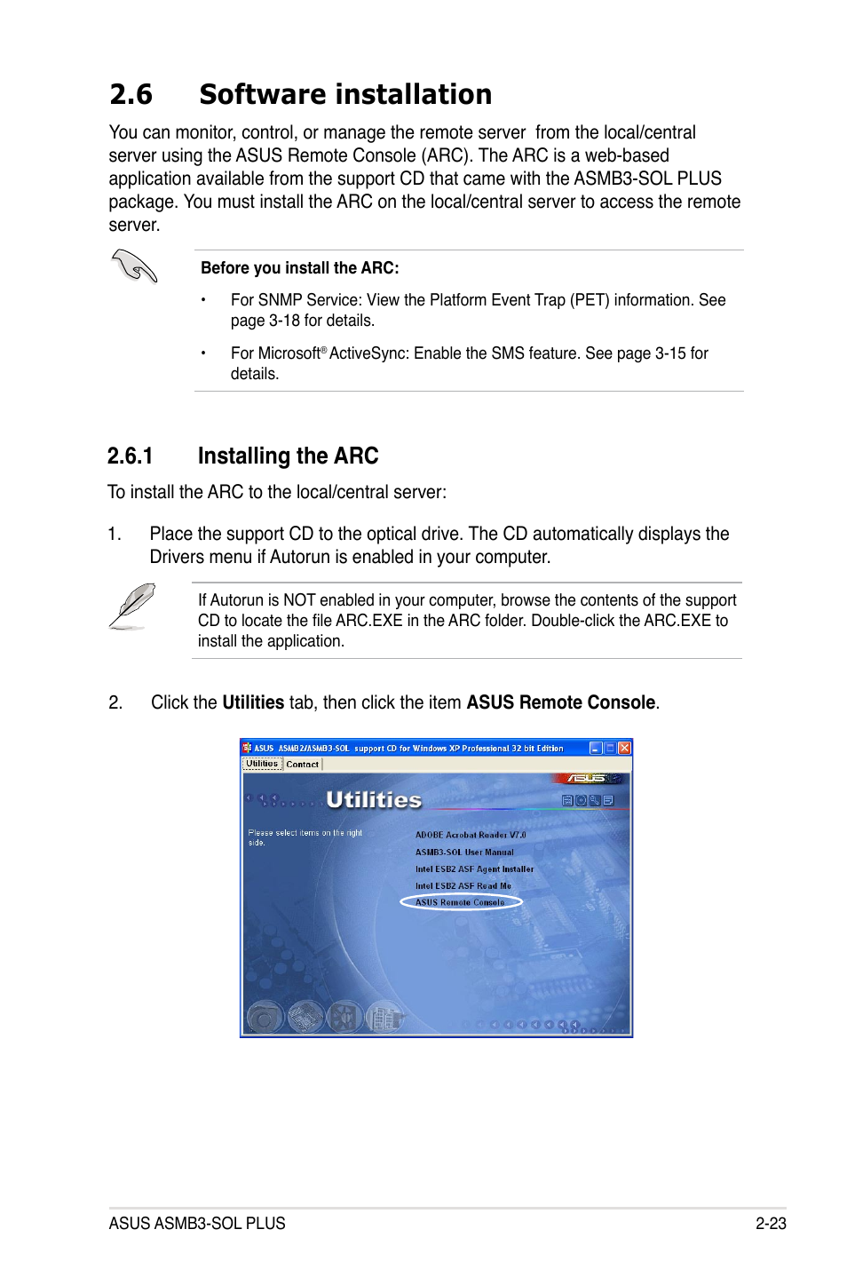 6 software installation, 1 installing the arc, Software installation -23 2.6.1 | Installing the arc -23 | Asus ASMB3-SOL PLUS User Manual | Page 37 / 70