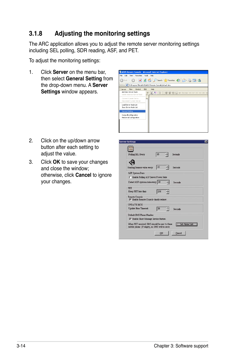 8 adjusting the monitoring settings, Adjusting the monitoring settings -14 | Asus ASMB3-SOL PLUS User Manual | Page 52 / 70