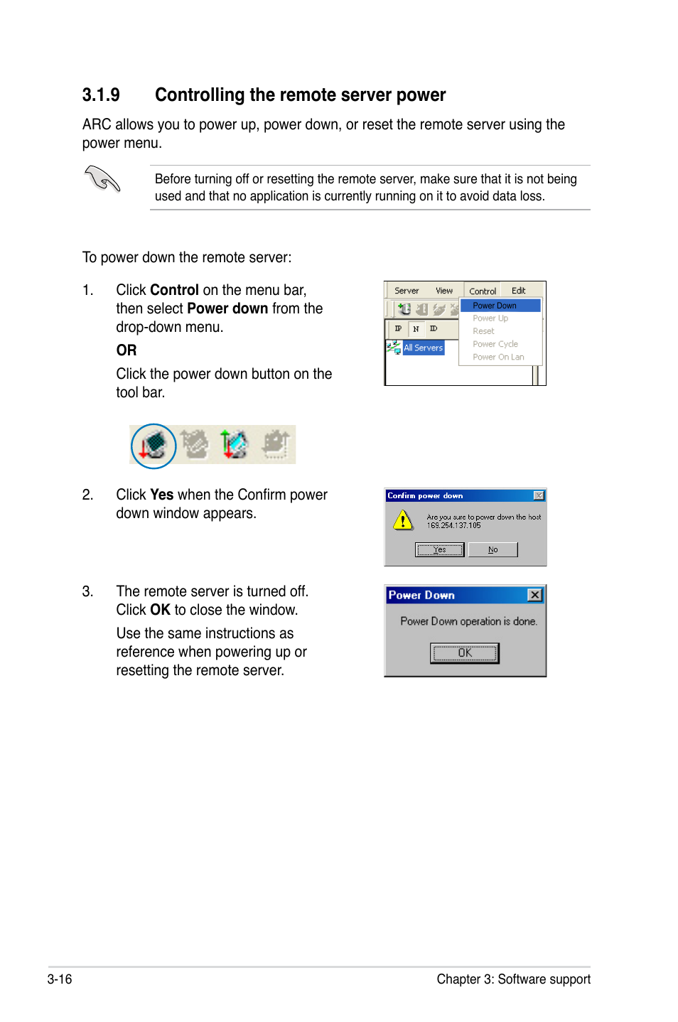 9 controlling the remote server power, Controlling the remote server power -16 | Asus ASMB3-SOL PLUS User Manual | Page 54 / 70