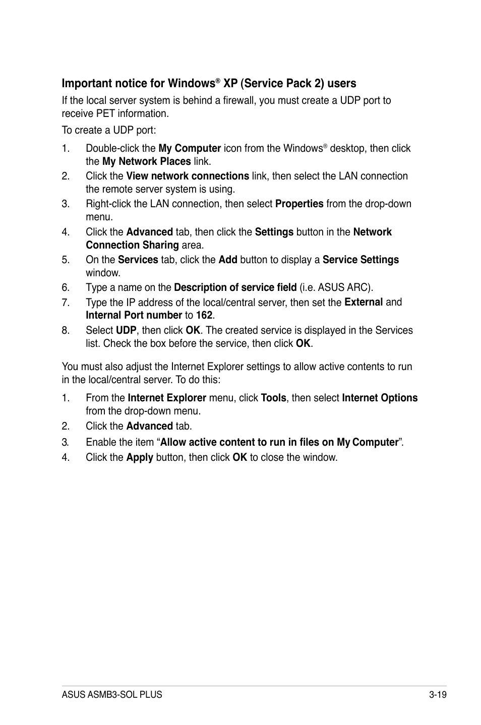 Important notice for windows, Xp (service pack 2) users | Asus ASMB3-SOL PLUS User Manual | Page 57 / 70