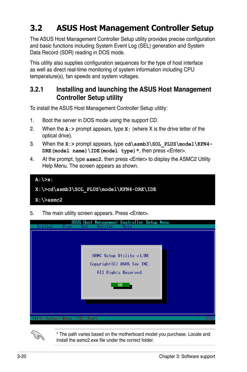 2 asus host management controller setup, Asus host management controller setup -20 3.2.1, Installing and launching the asus host management | Controller setup utility -20 | Asus ASMB3-SOL PLUS User Manual | Page 58 / 70