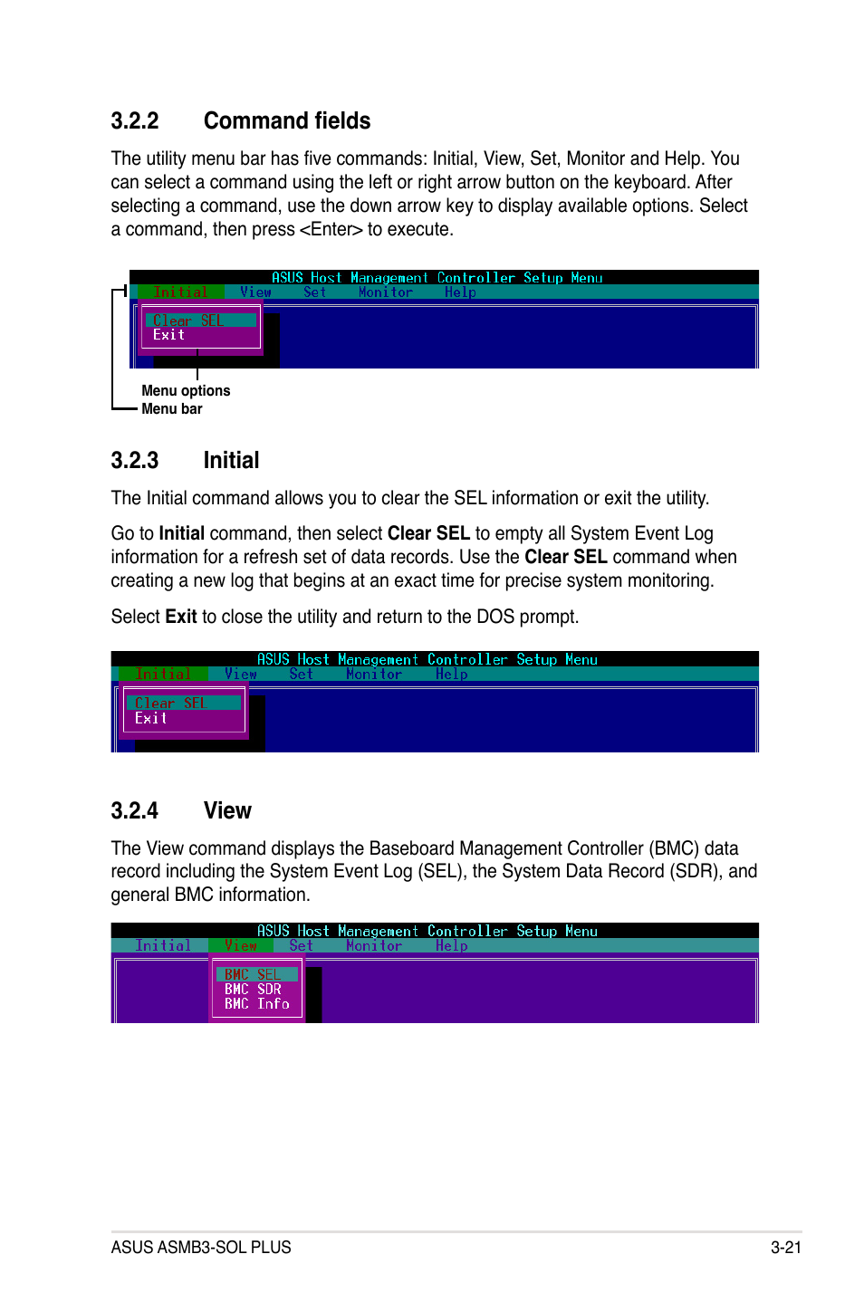 2 command fields, 3 initial, 4 view | Command fields -21, Initial -21, View -21 | Asus ASMB3-SOL PLUS User Manual | Page 59 / 70