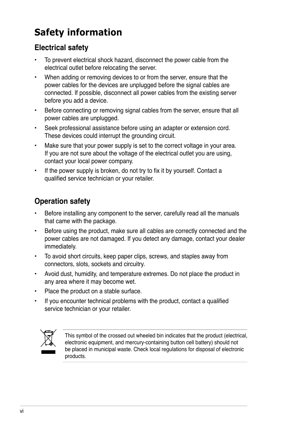 Safety information, Electrical safety, Operation safety | Asus ASMB3-SOL PLUS User Manual | Page 6 / 70