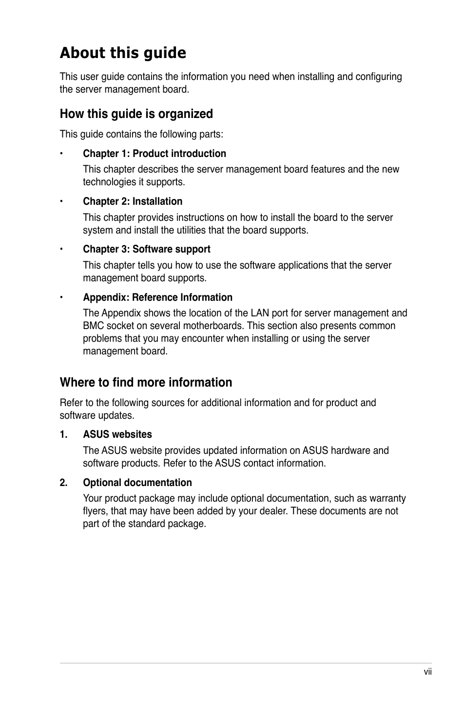 About this guide, How this guide is organized, Where to find more information | Asus ASMB3-SOL PLUS User Manual | Page 7 / 70