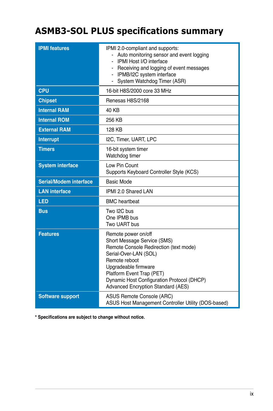 Asmb3-sol plus specifications summary | Asus ASMB3-SOL PLUS User Manual | Page 9 / 70