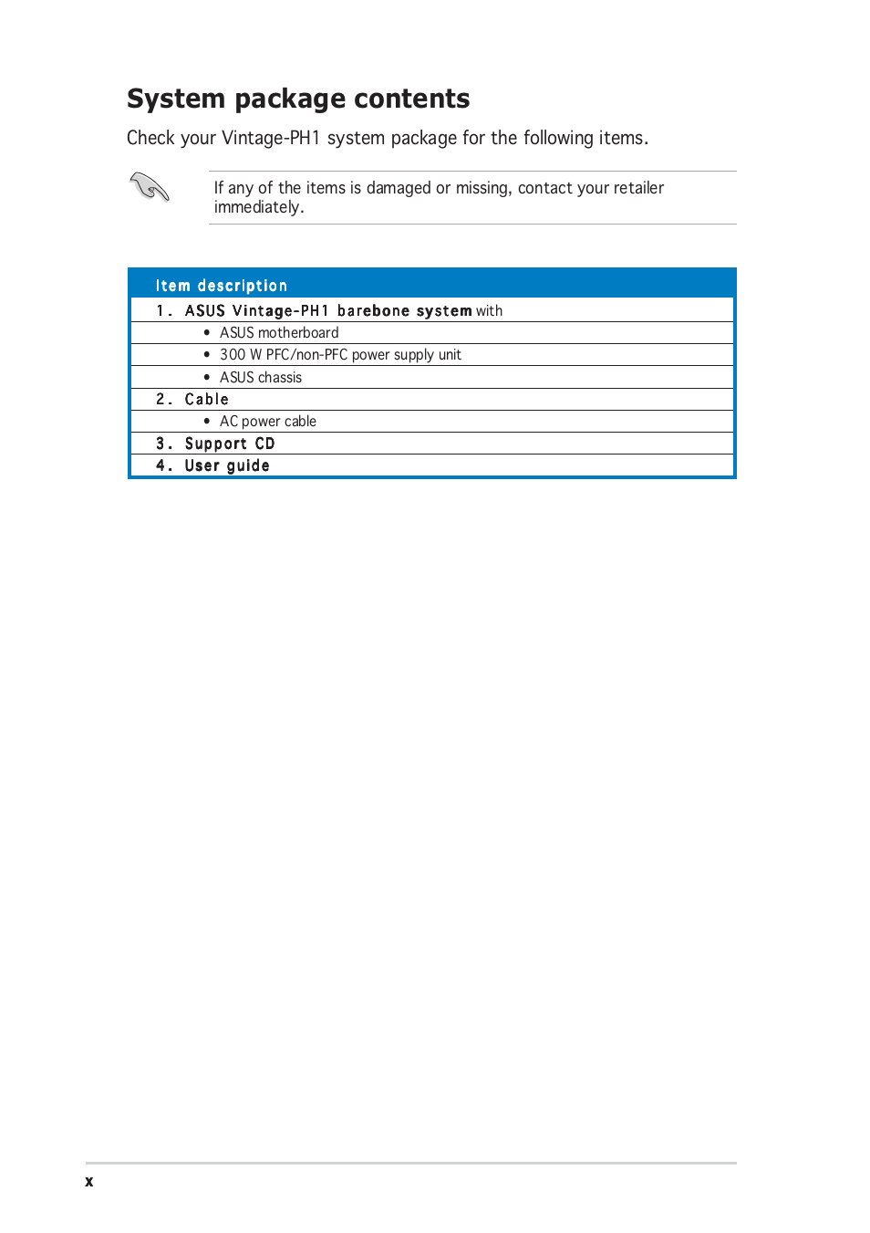 System package contents | Asus Vintage-PH1 User Manual | Page 10 / 98