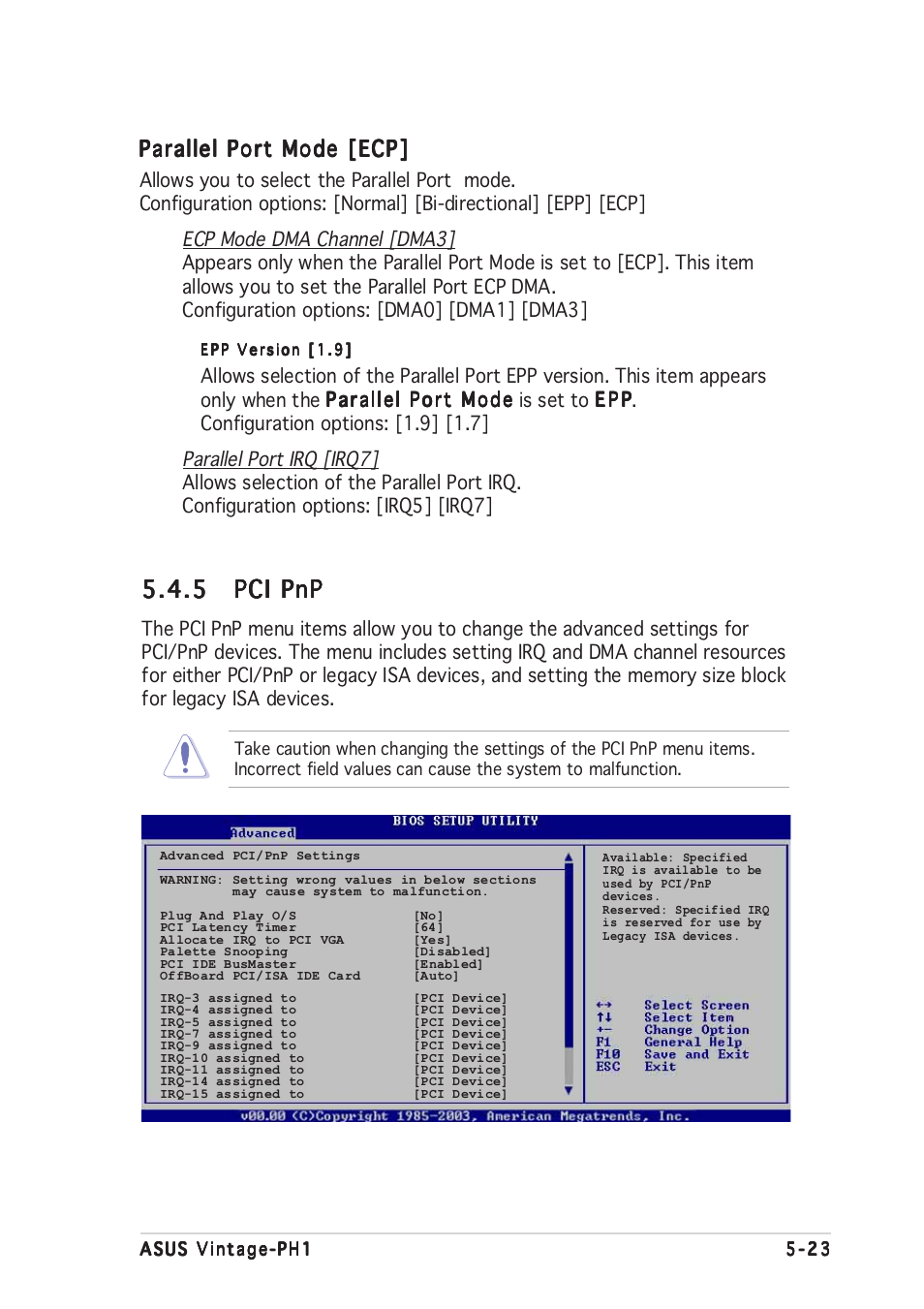 5 pci pnp pci pnp pci pnp pci pnp pci pnp, Parallel port mode [ecp | Asus Vintage-PH1 User Manual | Page 87 / 98