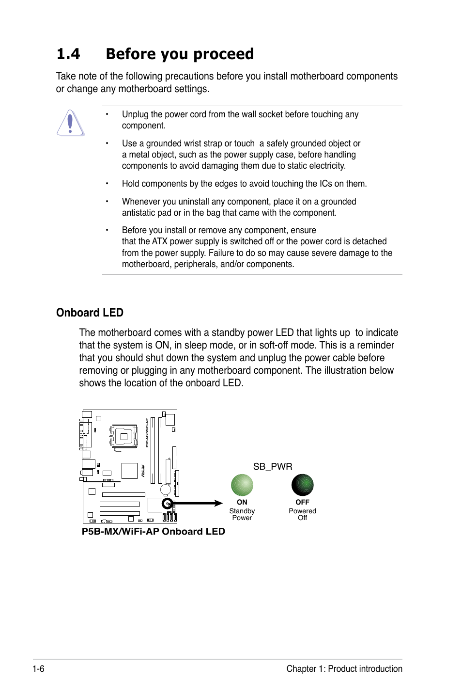 4 before you proceed, Onboard led | Asus P5B-MX/WIFI-AP User Manual | Page 18 / 94