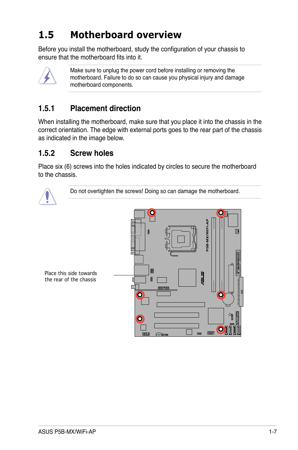 5 motherboard overview, 1 placement direction, 2 screw holes | Asus P5B-MX/WIFI-AP User Manual | Page 19 / 94