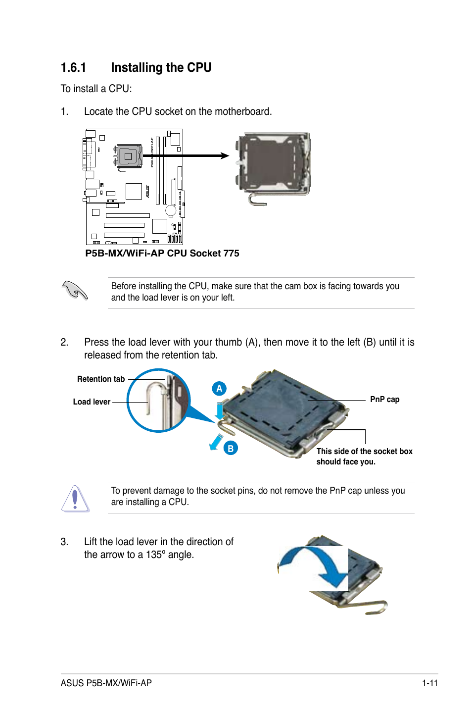 1 installing the cpu, Asus p5b-mx/wifi-ap 1-11, P5b-mx/wifi-ap cpu socket 775 | Asus P5B-MX/WIFI-AP User Manual | Page 23 / 94
