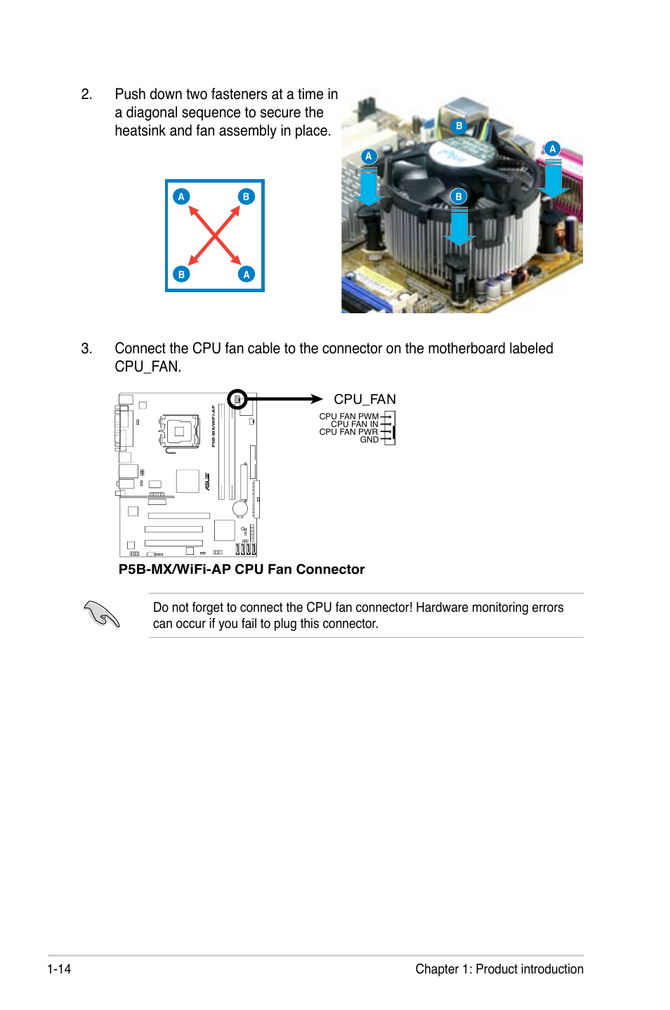 14 chapter 1: product introduction, P5b-mx/wifi-ap cpu fan connector cpu_fan | Asus P5B-MX/WIFI-AP User Manual | Page 26 / 94