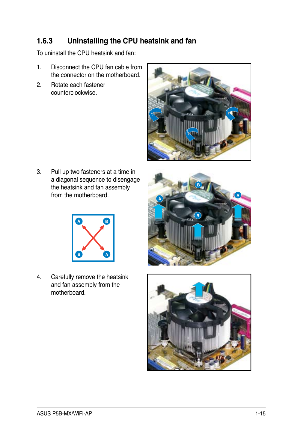 3 uninstalling the cpu heatsink and fan | Asus P5B-MX/WIFI-AP User Manual | Page 27 / 94