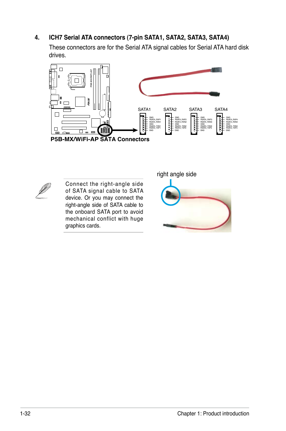 Right angle side, 32 chapter 1: product introduction, P5b-mx/wifi-ap sata connectors | Sata1, Sata2, Sata3, Sata4 | Asus P5B-MX/WIFI-AP User Manual | Page 44 / 94