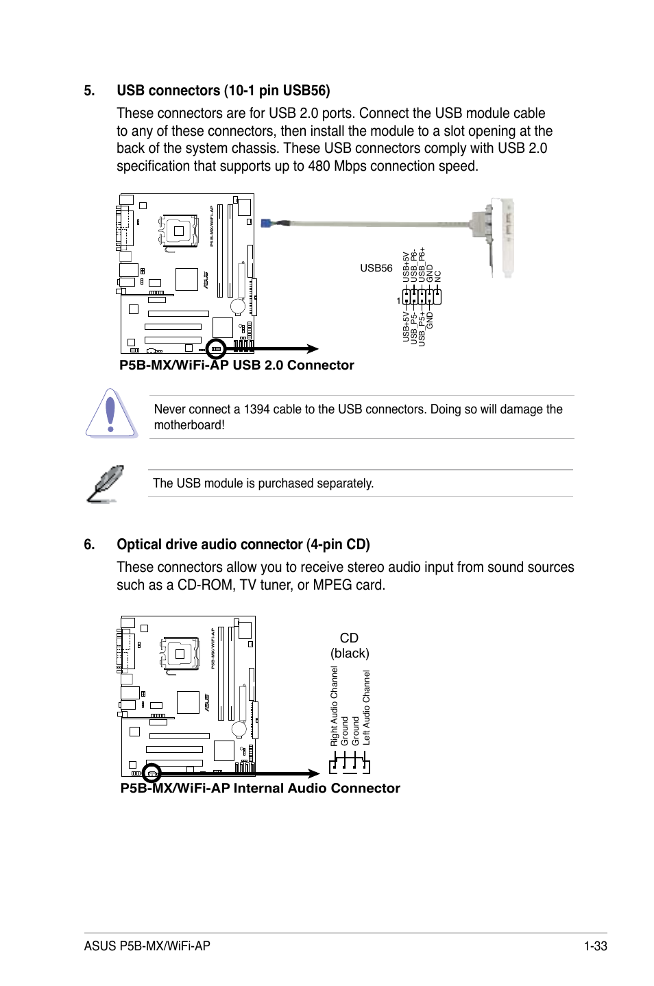 Asus p5b-mx/wifi-ap 1-33, P5b-mx/wifi-ap internal audio connector cd (black), P5b-mx/wifi-ap usb 2.0 connector | The usb module is purchased separately | Asus P5B-MX/WIFI-AP User Manual | Page 45 / 94