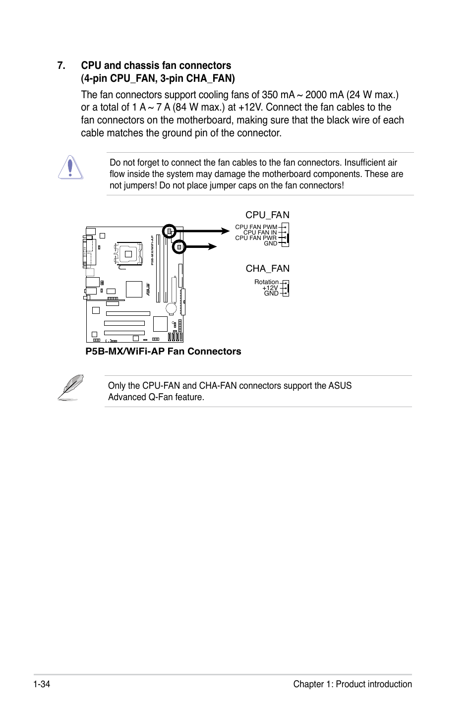 34 chapter 1: product introduction, P5b-mx/wifi-ap fan connectors cpu_fan, Cha_fan | Asus P5B-MX/WIFI-AP User Manual | Page 46 / 94