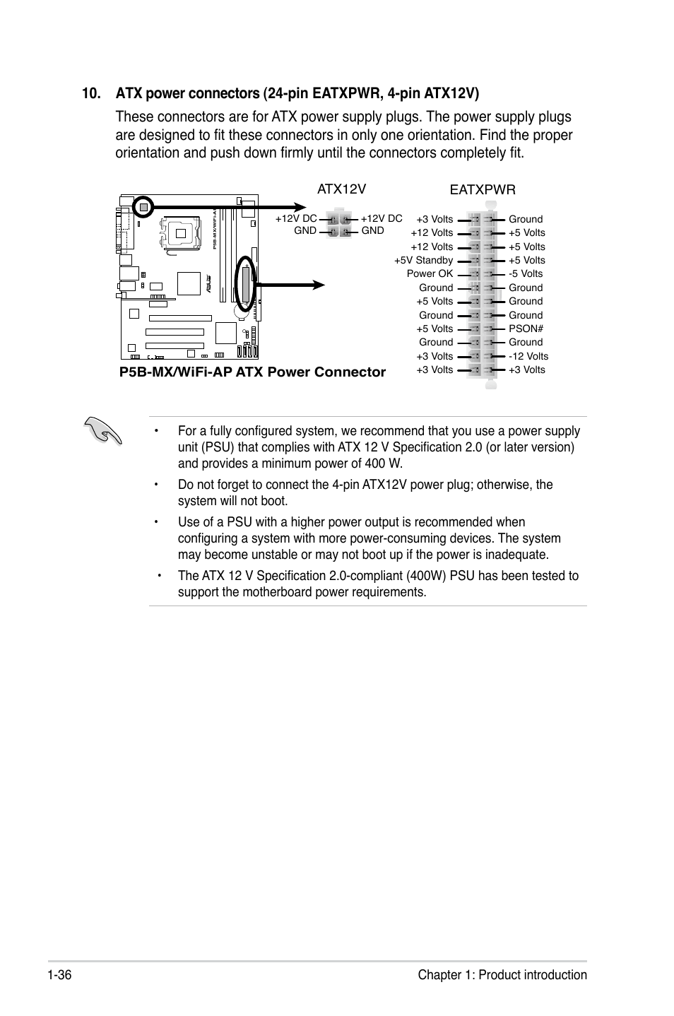 P5b-mx/wifi-ap atx power connector eatxpwr, Atx12v | Asus P5B-MX/WIFI-AP User Manual | Page 48 / 94